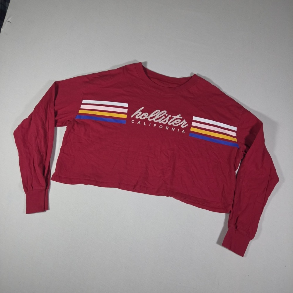 Vintage Hollister‎ Women's Cropped Red Long Sleeve Tee  size M Y2K
